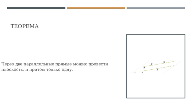 Теорема Через две параллельные прямые можно провести плоскость, и притом только одну. 