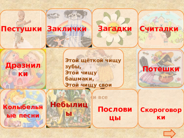 Загадки Считалки Пестушки Заклички Дразнилки Потешки Этой щёткой чищу зубы,  Этой чищу башмаки,  Этой чищу свои брюки,  Эти щётки все нужны. Небылицы Колыбельные  песни Пословицы Скороговорки 
