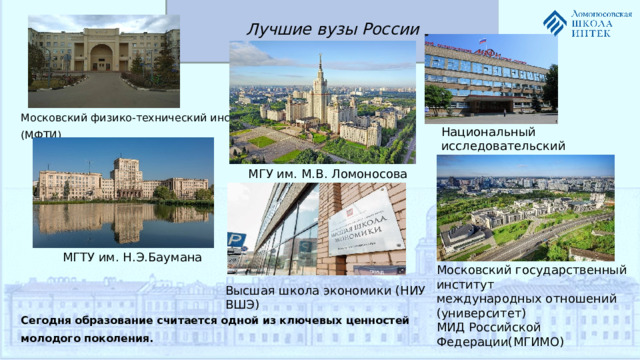 Лучшие вузы России Московский физико-технический институт (МФТИ)  Сегодня образование считается одной из ключевых ценностей молодого поколения. Национальный исследовательский ядерный университет «МИФИ» МГУ им. М.В. Ломоносова МГТУ им. Н.Э.Баумана Московский государственный институт международных отношений (университет) МИД Российской Федерации(МГИМО) Высшая школа экономики (НИУ ВШЭ)