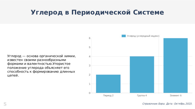 Углерод в Периодической Системе Углерод — основа органической химии, известен своими разнообразными формами и валентностью.Упористое положение углерода объясняет его способность к формированию длинных цепей. 5 Справочник Бера. Дата: Октябрь 2023.  