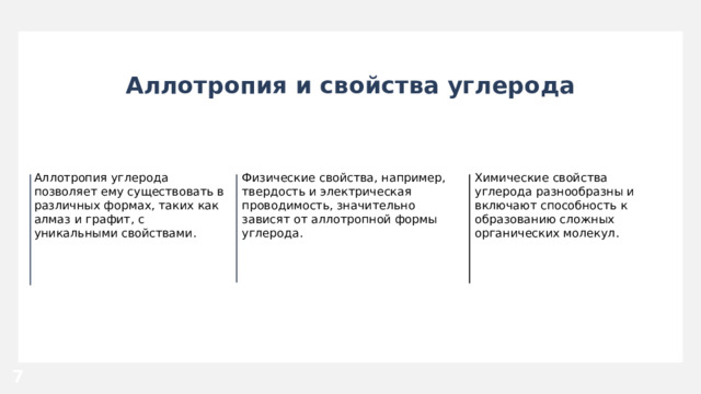 Аллотропия и свойства углерода Аллотропия углерода позволяет ему существовать в различных формах, таких как алмаз и графит, с уникальными свойствами. Физические свойства, например, твердость и электрическая проводимость, значительно зависят от аллотропной формы углерода. Химические свойства углерода разнообразны и включают способность к образованию сложных органических молекул. 7  