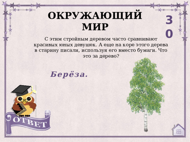 ОКРУЖАЮЩИЙ МИР 30 С этим стройным деревом часто сравнивают красивых юных девушек. А еще на коре этого дерева в старину писали, используя его вместо бумаги. Что это за дерево? Берёза. 
