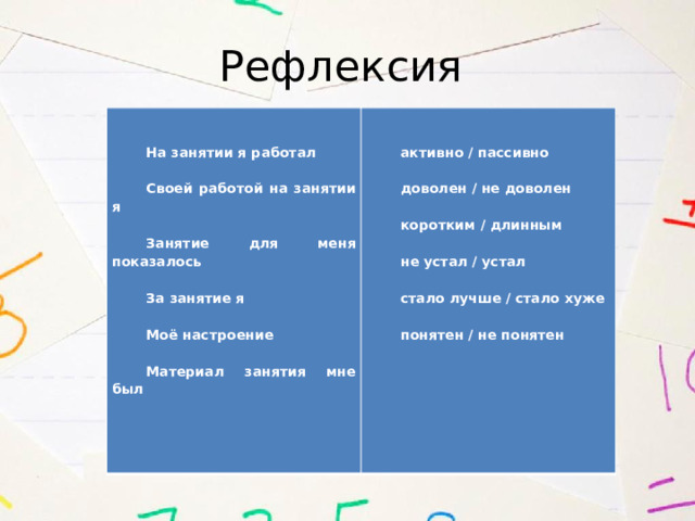 Рефлексия    На занятии я работал    активно / пассивно Своей работой на занятии я     доволен / не доволен   Занятие для меня показалось коротким / длинным     За занятие я не устал / устал     Моё настроение стало лучше / стало хуже   Материал занятия мне был   понятен / не понятен 