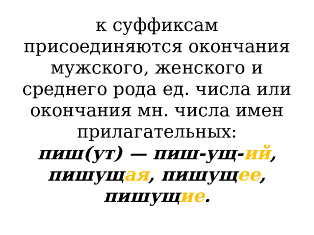к суффиксам присоединяются окончания мужского, женского и среднего рода ед. числа или окончания мн. числа имен прилагательных:  пиш(ут) — пиш-ущ- ий , пишущ ая , пишущ ее , пишущ ие . 