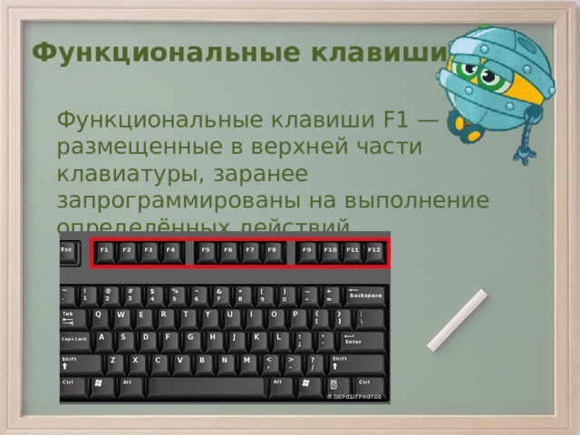 Функциональные клавиши    Функциональные клавиши F1 — F12, размещенные в верхней части клавиатуры, заранее запрограммированы на выполнение определённых действий 