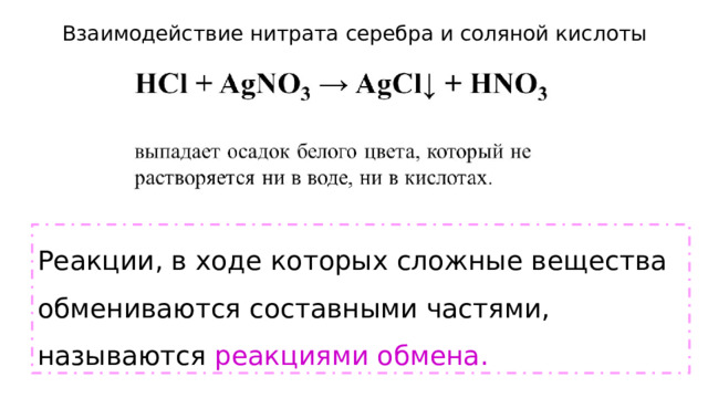 Взаимодействие нитрата серебра и соляной кислоты   Реакции, в ходе которых сложные вещества обмениваются составными частями, называются реакциями обмена. 