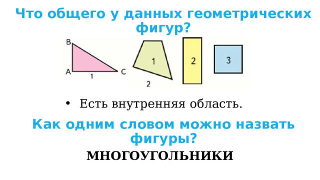 Что общего у данных геометрических фигур? Есть внутренняя область. Как одним словом можно назвать фигуры? МНОГОУГОЛЬНИКИ 