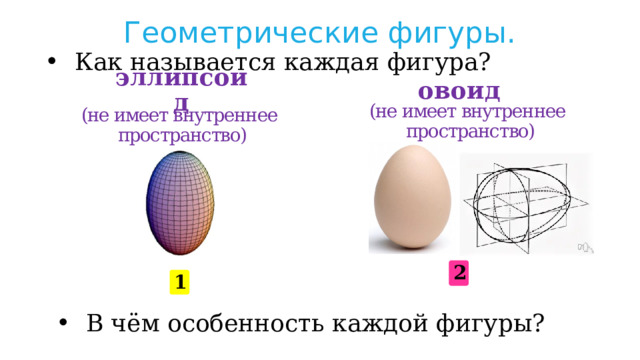 Геометрические фигуры. Как называется каждая фигура? овоид эллипсоид (не имеет внутреннее  пространство) (не имеет внутреннее  пространство) 2 1 В чём особенность каждой фигуры? 
