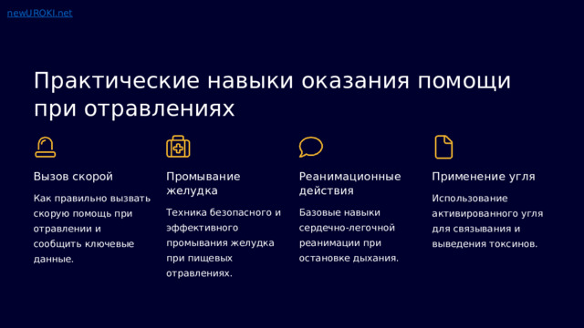  Практические навыки оказания помощи при отравлениях Вызов скорой Промывание желудка Реанимационные действия Применение угля Как правильно вызвать скорую помощь при отравлении и сообщить ключевые данные. Использование активированного угля для связывания и выведения токсинов. Техника безопасного и эффективного промывания желудка при пищевых отравлениях. Базовые навыки сердечно-легочной реанимации при остановке дыхания. 
