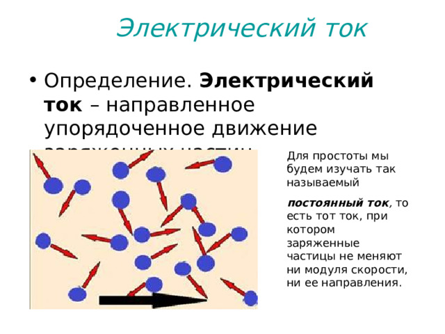  Электрический ток    Определение.  Электрический ток  – направленное упорядоченное движение заряженных частиц. Для простоты мы будем изучать так называемый  постоянный ток , то есть тот ток, при котором заряженные частицы не меняют ни модуля скорости, ни ее направления. 