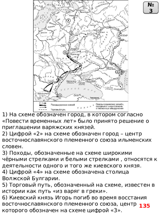 № 3 1) На схеме обозначен город, в котором согласно «Повести временных лет» было принято решение о приглашении варяжских князей.  2) Цифрой «2» на схеме обозначен город – центр восточнославянского племенного союза ильменских словен.  3) Походы, обозначенные на схеме широкими чёрными стрелками и белыми стрелками , относятся к деятельности одного и того же киевского князя.  4) Цифрой «4» на схеме обозначена столица Волжской Булгарии.  5) Торговый путь, обозначенный на схеме, известен в истории как путь «из варяг в греки».  6) Киевский князь Игорь погиб во время восстания восточнославянского племенного союза, центр которого обозначен на схеме цифрой «3». 135 