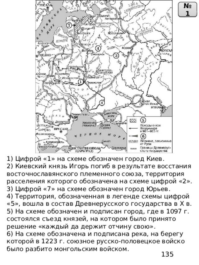 № 1 1) Цифрой «1» на схеме обозначен город Киев.  2) Киевский князь Игорь погиб в результате восстания восточнославянского племенного союза, территория расселения которого обозначена на схеме цифрой «2».  3) Цифрой «7» на схеме обозначен город Юрьев.  4) Территория, обозначенная в легенде схемы цифрой «5», вошла в состав Древнерусского государства в X в.  5) На схеме обозначен и подписан город, где в 1097 г. состоялся съезд князей, на котором было принято решение «каждый да держит отчину свою».  6) На схеме обозначена и подписана река, на берегу которой в 1223 г. союзное русско-половецкое войско было разбито монгольским войском. 135 