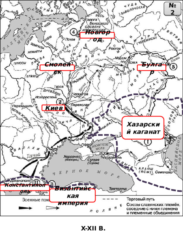 № 2 Новгород Смоленск Булгар Киев Хазарский каганат Константинополь Византийская империя X-XII В. 