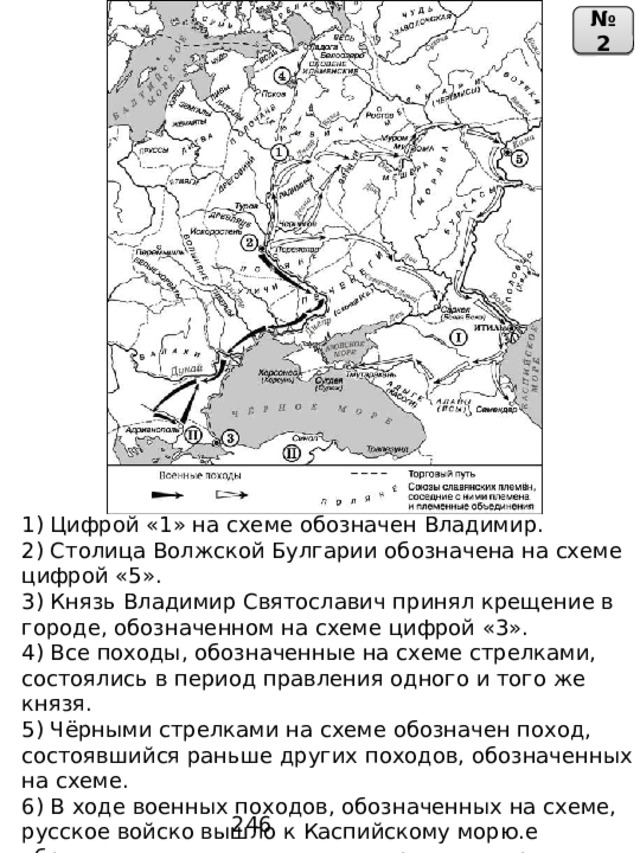 № 2 1) Цифрой «1» на схеме обозначен Владимир.  2) Столица Волжской Булгарии обозначена на схеме цифрой «5».  3) Князь Владимир Святославич принял крещение в городе, обозначенном на схеме цифрой «3».  4) Все походы, обозначенные на схеме стрелками, состоялись в период правления одного и того же князя.  5) Чёрными стрелками на схеме обозначен поход, состоявшийся раньше других походов, обозначенных на схеме.  6) В ходе военных походов, обозначенных на схеме, русское войско вышло к Каспийскому морю.е образование, находившееся в период, которому посвящена схема, на территории, обозначенной римской цифрой «I». 246 