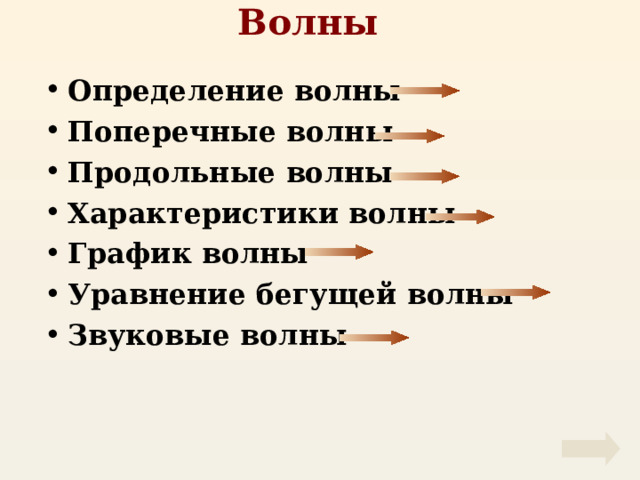Волны  Определение волны Поперечные волны Продольные волны Характеристики волны График волны Уравнение бегущей волны Звуковые волны 