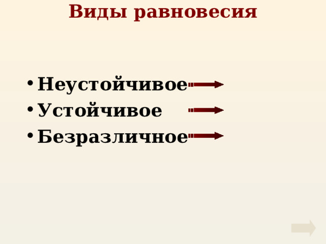 Виды равновесия Неустойчивое Устойчивое Безразличное 