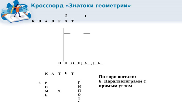 Кроссворд «Знатоки геометрии» К   В   А Д Р   2   А   Т     1 К П     А   6   Л   Т   Р О   О   Щ Е М Т А   Д   Б Ь 9 Г И П О Т Е Н У З А По горизонтали: 6. Параллелограмм с прямым углом 