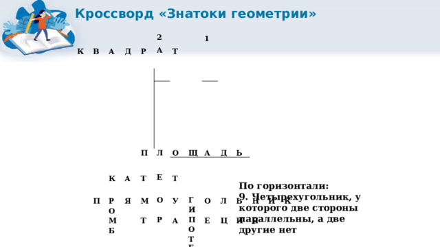 Кроссворд «Знатоки геометрии» К В     А Д   Р 2   А   Т     1 К П       А   Л П   Т Р   О Я О Е Щ     М Т А М   Б   Д О Ь Т У Г Р О И А П Л О Е Ь Ц Н Т И И Е К Я Н У З А По горизонтали: 9. Четырехугольник, у которого две стороны параллельны, а две другие нет 