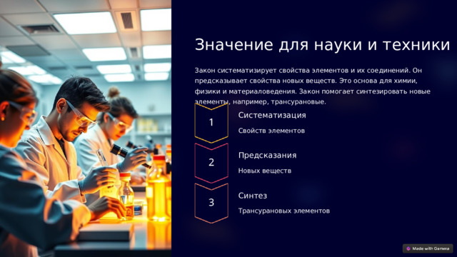  Значение для науки и техники Закон систематизирует свойства элементов и их соединений. Он предсказывает свойства новых веществ. Это основа для химии, физики и материаловедения. Закон помогает синтезировать новые элементы, например, трансурановые. Систематизация Свойств элементов Предсказания Новых веществ Синтез Трансурановых элементов 
