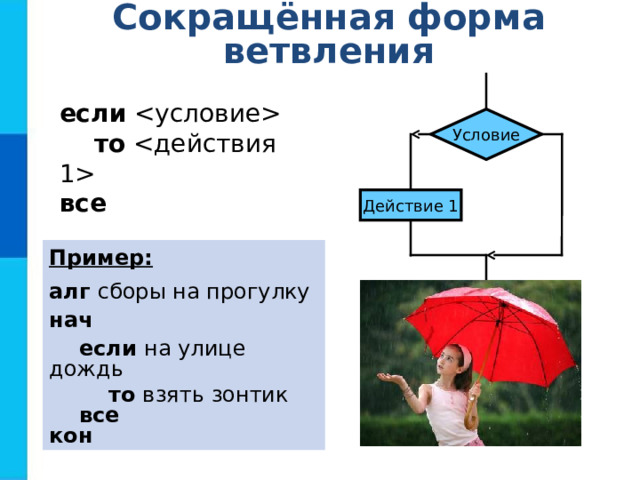 Сокращённая форма ветвления если   то  все Условие Действие 1 Пример: алг сборы на прогулку нач  если на улице дождь  то взять зонтик  все кон 