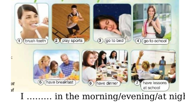 I ……… in the morning/evening/at night 
