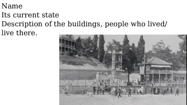 Name Its current state Description of the buildings, people who lived/live there. 