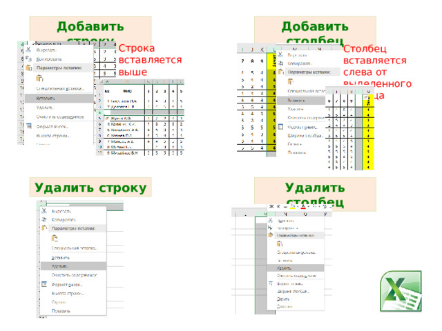 Добавить строку Добавить столбец Строка вставляется выше выделенной строки Столбец вставляется слева от выделенного столбца Удалить строку Удалить столбец 