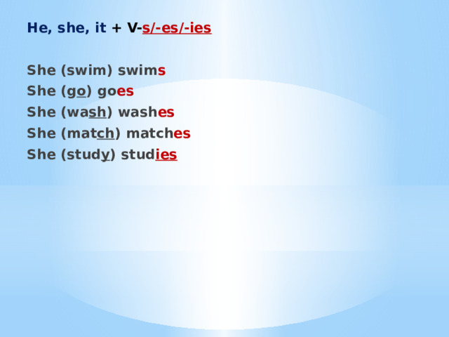 He, she, it + V- s/-es/-ies She (swim) swim s She (g o ) go es She (wa sh ) wash es She (mat ch ) match es She (stud y ) stud ies 