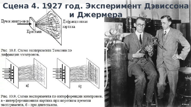 Сцена 4. 1927 год. Эксперимент Дэвиссона и Джермера Но это было позже, а пока теории Луи де Бройля были нужны доказательства. И они вскоре появились. 1927 год , физики  Клинтон Дэвиссон  и  Лестер Джермер  в США случайно, а затем целенаправленно наблюдали дифракцию электронов на кристалле никеля.  Сцена 4:  Лаборатория. Дэвиссон и Джермер смотрят на детектор. На экране — дифракционные кольца.  