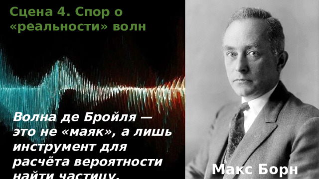 Сцена 4. Спор о «реальности» волн Волна де Бройля — это не «маяк», а лишь инструмент для расчёта вероятности найти частицу. Де Бройль изначально считал волны реально существующими объектами, которые ведут за собой частицу . Однако  Макс Борн  предложил статистическую интерпретацию, которая победила: волна — это не маяк, а лишь инструмент для расчёта вероятности найти частицу. Сам де Бройль долго не принимал эту вероятностную трактовку, но позже вынужден был согласиться с «копенгагенской интерпретацией» (главенствующей и сегодня) . Макс Борн  