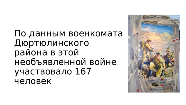По данным военкомата Дюртюлинского района в этой необъявленной войне участвовало 167 человек 