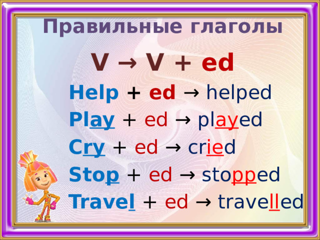 Правильные глаголы V → V + ed  Help  +  ed  → helped  Pl ay  +  ed  →  pl ay ed  C ry +  ed → cr ie d  Sto p  +  ed → sto pp ed  Trave l  +  ed → trave ll ed 