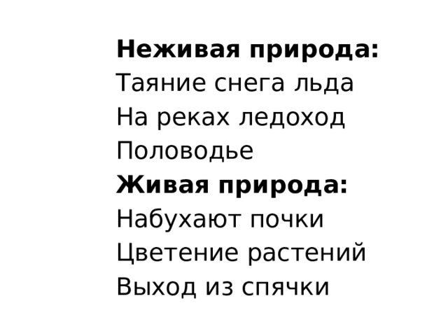 Неживая природа: Таяние снега льда На реках ледоход Половодье Живая природа: Набухают почки Цветение растений Выход из спячки 