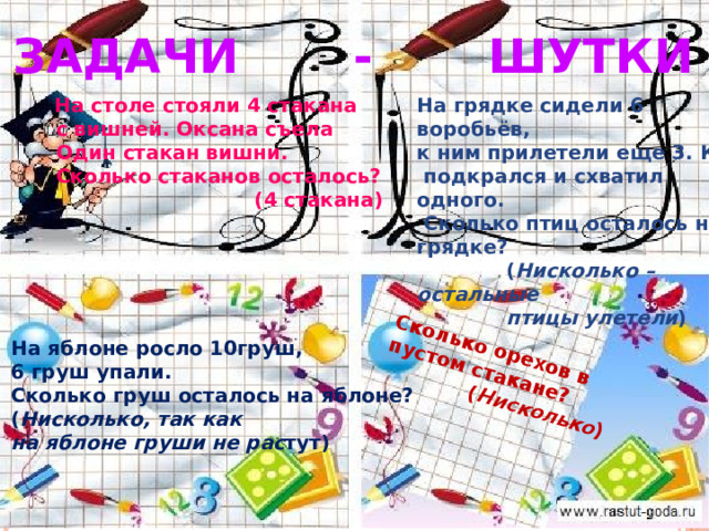Сколько орехов в пустом стакане?  ( Нисколько ) ЗАДАЧИ - ШУТКИ На грядке сидели 6 воробьёв,  На столе стояли 4 стакана  с вишней. Оксана съела к ним прилетели еще 3. Кот  Один стакан вишни.  подкрался и схватил одного.  Сколько стаканов осталось?  Сколько птиц осталось на грядке?  (4 стакана)  ( Нисколько – остальные  птицы улетели ) На яблоне росло 10груш, 6 груш упали. Сколько груш осталось на яблоне? ( Нисколько, так как на яблоне груши не рас тут) 