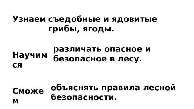 Узнаем съедобные и ядовитые грибы, ягоды. различать опасное и безопасное в лесу. Научимся объяснять правила лесной безопасности. Сможем 