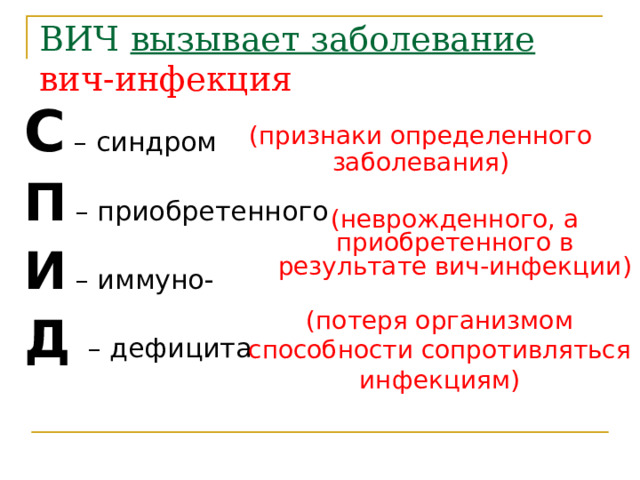 ВИЧ вызывает заболевание  вич-инфекция С – синдром П – приобретенного И – иммуно- Д – дефицита (признаки определенного заболевания) (неврожденного, а приобретенного в результате вич-инфекции) (потеря организмом способности сопротивляться инфекциям) 