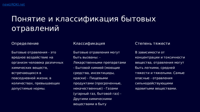  Понятие и классификация бытовых отравлений Определение Классификация Степень тяжести Бытовые отравления - это вредное воздействие на организм человека различных химических веществ, встречающихся в повседневной жизни, в количествах, превышающих допустимые нормы. Бытовые отравления могут быть вызваны: - Лекарственными препаратами - Бытовой химией (моющие средства, инсектициды, краски) - Пищевыми продуктами (просроченные, некачественные) - Газами (угарный газ, бытовой газ) - Другими химическими веществами в быту В зависимости от концентрации и токсичности вещества, отравления могут быть легкими, средней тяжести и тяжелыми. Самые опасные - отравления сильнодействующими ядовитыми веществами. 
