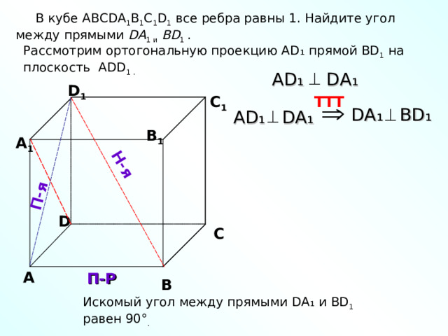 Н-я П-я   В кубе ABCDA 1 B 1 C 1 D 1 все ребра равны 1. Найдите угол между прямыми DA 1  и  BD 1 . Рассмотрим ортогональную проекцию AD ₁ прямой BD 1 на  плоскость ADD 1 . AD ₁ DA ₁  D 1 С 1 TTT DA ₁ BD ₁  AD ₁ DA ₁ В 1 А 1 D С А П-Р В Искомый угол между прямыми DA ₁ и BD 1 равен 90 ° . 