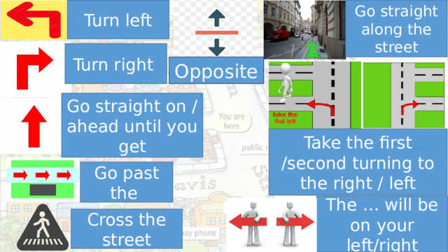 Go straight along the street Turn left Turn right Opposite Go straight on / ahead until you get Take the first /second turning to the right / left Go past the The … will be on your left/right Cross the street 