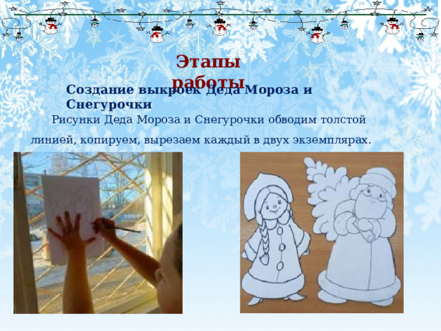 Этапы работы Создание выкроек Деда Мороза и Снегурочки  Рисунки Деда Мороза и Снегурочки обводим толстой линией, копируем, вырезаем каждый в двух экземплярах. 