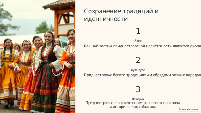  Сохранение традиций и идентичности 1 Язык Важной частью приднестровской идентичности является русский язык. 2 Культура Приднестровье богато традициями и обрядами разных народов. 3 История Приднестровье сохраняет память о своем прошлом и исторических событиях . 