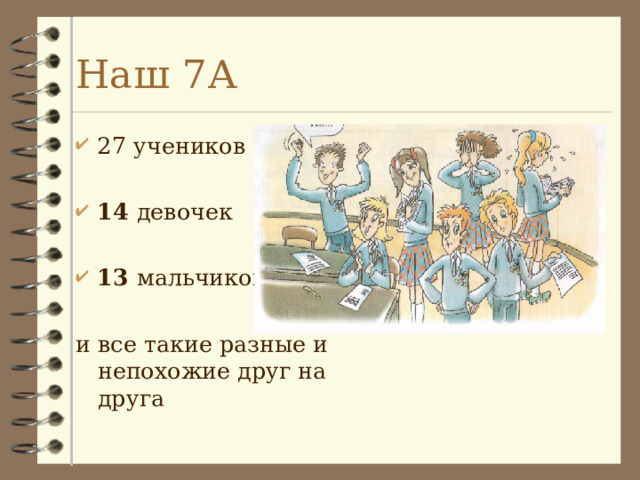Наш 7А 27 учеников 14 девочек 13 мальчиков  и все такие разные и непохожие друг на друга 