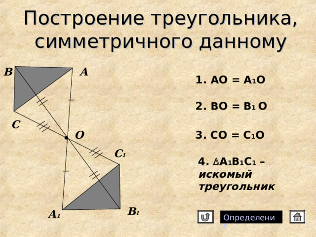 Построение треугольника, симметричного данному B А 1 . АО = А 1 О 2. ВО = В 1 О C О 3. СО = С 1 О C 1 4.  А 1 В 1 С 1 – искомый треугольник B 1 А 1 Определение 
