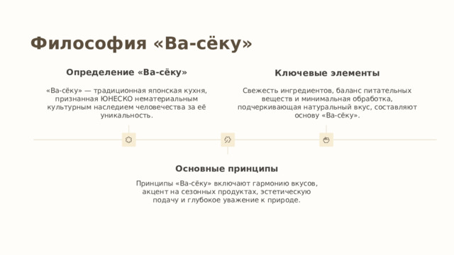 Философия «Ва-сёку» Определение «Ва-сёку» Ключевые элементы «Ва-сёку» — традиционная японская кухня, признанная ЮНЕСКО нематериальным культурным наследием человечества за её уникальность. Свежесть ингредиентов, баланс питательных веществ и минимальная обработка, подчеркивающая натуральный вкус, составляют основу «Ва-сёку». Основные принципы Принципы «Ва-сёку» включают гармонию вкусов, акцент на сезонных продуктах, эстетическую подачу и глубокое уважение к природе. 