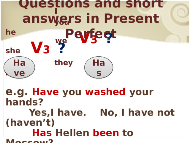 Questions and short answers in Present Perfect  I  you he  we V 3 ?  she V 3 ?  they it e.g. Have you washed your hands?  Yes,I have. No, I have not (haven’t)  Has Hellen been to Moscow?  Yes, she has. No, she has not (has’t) Have Has 