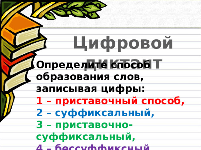 Цифровой диктант Определите способ образования слов, записывая цифры: 1 – приставочный способ, 2 – суффиксальный, 3 – приставочно-суффиксальный, 4 – бессуффиксный. 