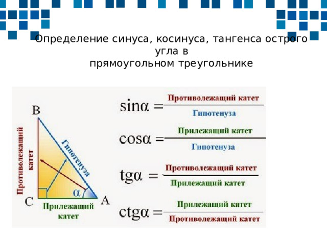 Определение синуса, косинуса, тангенса острого угла в  прямоугольном треугольнике 