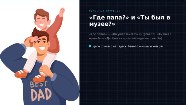 Типичные ситуации «Где папа?» и «Ты был в музее?» «Где папа?» — «Он ушёл в магазин» (gone to). «Ты был в музее?» — «Да, был на прошлой неделе» (been to). gone to — его нет здесь; been to — опыт и возврат Разберём две самые частые ситуации. Первая: «Где папа?» — «Он ушёл в магазин». По-английски это has gone to the shop: папы нет здесь, он в магазине. Вторая: «Ты был в музее?» — «Да, был на прошлой неделе». Здесь уже have been to: человек побывал и вернулся, важен опыт. Сравните: в первом случае человека нет рядом, во втором он с нами и делится впечатлением. Именно это различие мы сейчас закрепим на практике. 
