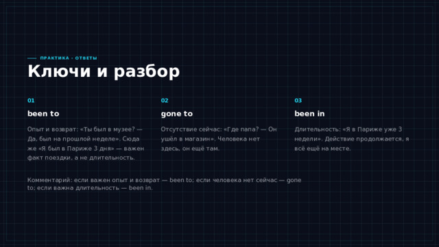 Практика · ответы Ключи и разбор 01 02 03 been to gone to been in Опыт и возврат: «Ты был в музее? — Да, был на прошлой неделе». Сюда же «Я был в Париже 3 дня» — важен факт поездки, а не длительность. Отсутствие сейчас: «Где папа? — Он ушёл в магазин». Человека нет здесь, он ещё там. Длительность: «Я в Париже уже 3 недели». Действие продолжается, я всё ещё на месте. Разбираем ответы. Главное правило простое: been to — про опыт и возврат, gone to — про отсутствие сейчас, been in — про длительность. Самая частая ошибка — «Я был в Париже 3 дня»: здесь нужен been to, потому что мы говорим о факте поездки, а не о том, что я всё ещё там. А вот «Я в Париже уже 3 недели» — это been in, действие продолжается. Проверьте себя по этим трём колонкам, и переходим к мини-игре. Комментарий: если важен опыт и возврат — been to; если человека нет сейчас — gone to; если важна длительность — been in. 
