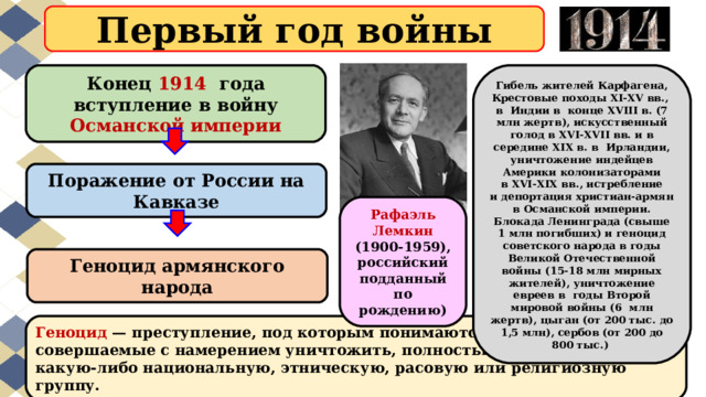 Первый год войны Гибель жителей Карфагена, Крестовые походы XI-XV вв., в  Индии в  конце XVIII в. (7 млн жертв), искусственный голод в XVI-XVII вв. и в середине XIX в. в  Ирландии, уничтожение индейцев Америки колонизаторами в XVI-XIX вв., истребление и депортация христиан-армян в Османской империи. Блокада Ленинграда (свыше 1 млн погибших) и геноцид советского народа в годы Великой Отечественной войны (15-18 млн мирных жителей), уничтожение евреев в  годы Второй мировой войны (6  млн жертв), цыган (от 200 тыс. до 1,5 млн), сербов (от 200 до 800 тыс.)  Конец 1914   года вступление в войну Османской империи Поражение от России на Кавказе Рафаэль Лемкин (1900-1959), российский подданный по рождению) Геноцид армянского народа Геноцид  — преступление, под которым понимаются действия, совершаемые с намерением уничтожить, полностью или частично, какую-либо национальную, этническую, расовую или религиозную группу. 